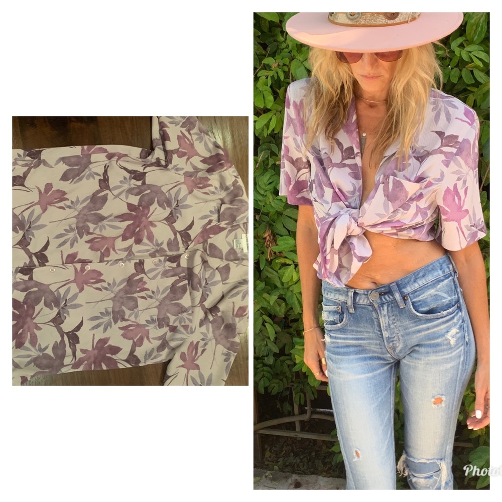 Vintage 80s Hawaiian print Blouse xs s M lavender